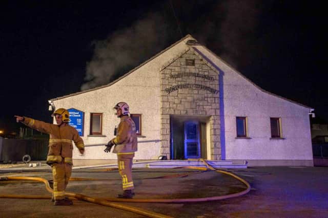 Press Eye - Northern Ireland - 18th May 2016

Three fire appliances attended an incident at Rathfriland Baptist Church last night after smoke was spotted rising from the roof and doors.
Tyres were set against the building which sustained damage to the inside and windows.

Picture: Philip Magowan / PressEye