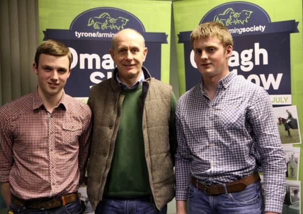 Peter Smith, County Tyrone YFC chairman, left, and Robert Keatley, county treasurer, right, with Edwin Cartwright, secretary of the Tyrone Farming Society, organisers of Omagh Show.