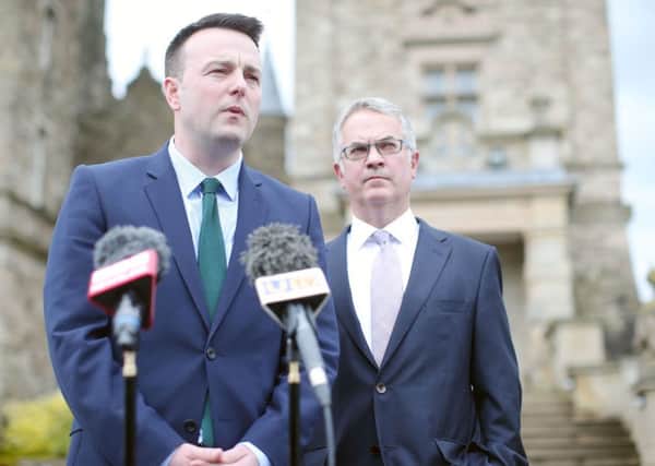 Crunch meeting take place at Stormont Castle in east Belfast between Northern Ireland's main political parties over the makeup of the new Executive.  SDLP leader Colum Eastwood and party colleague Alex Attwood leave the Castle after the talks. 

Picture by Jonathan Porter/PressEye
