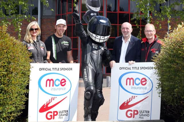 Road racers Maria Costello and Peter Hickman join MCE Insurance's Big Ed plus Ken Stewart and Noel Johnston of the Dundrod and District Motorcycle Club to announce the title sponsorship of the race in Northampton.