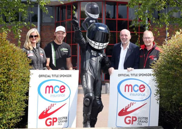 Road racers Maria Costello and Peter Hickman join MCE Insurance's Big Ed plus Ken Stewart and Noel Johnston of the Dundrod and District Motorcycle Club to announce the title sponsorship of the race in Northampton.