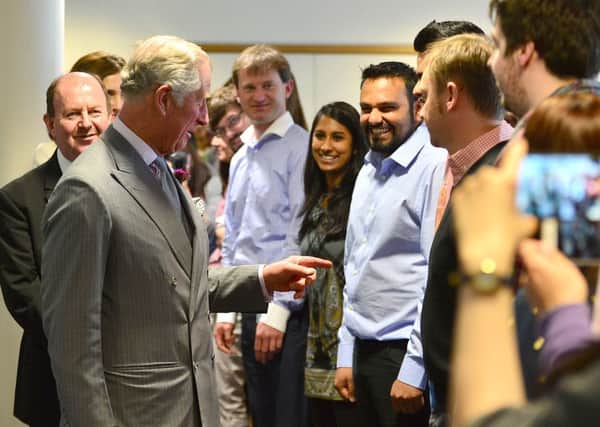 Prince Charles meets staff at Queen's University's cyber security unit at the Science Park in Belfast's Titanic Quarter. 
Picture By: Arthur Allison/Pacemaker.