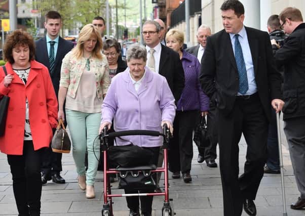Beatrice Worton (mother of Kenneth) arrives with other Kingsmills relatives for the first day of the inquest in Belfast