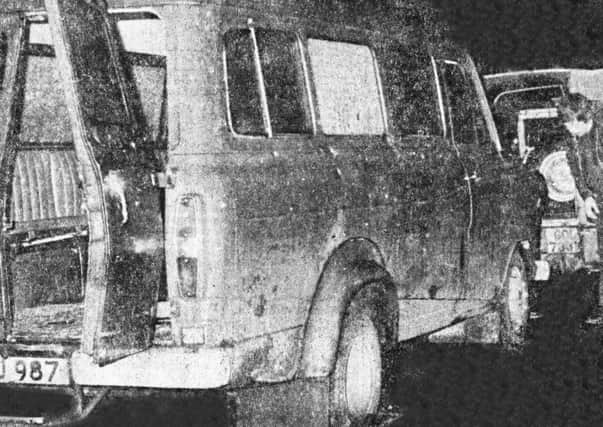 The bullet riddled minibus in which the murdered Protestant workers were travelling at Kingsmills outside Whitecross. They were shot by the Provisional IRA.