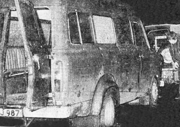 The bullet riddled minibus in which the murdered workers were travelling stands at the side of the lonely country road where the massacre occurred at Kingsmill outside Whitecross. Ten protestant work men were shot dead by the Provisional IRA.