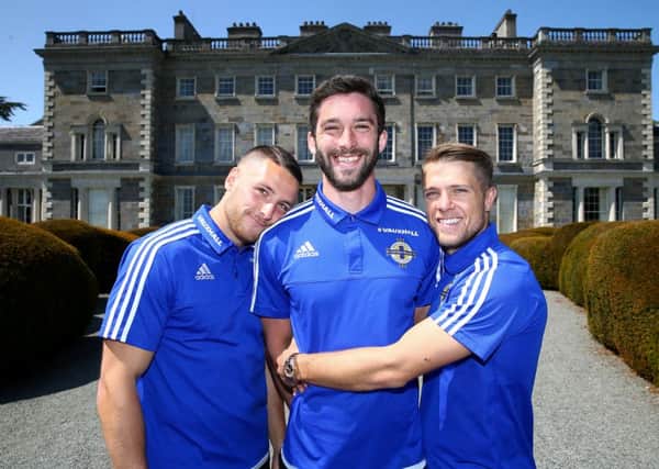 Northern Ireland's Conor Washington, Will Grigg and Jamie Ward pictured during Tuesday's Media Day