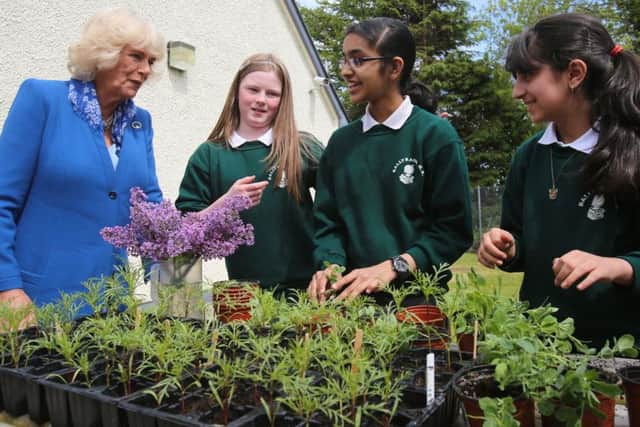 The Duchess of Cornwall meets students during a visit to the Ballyraine National School in Letterkenny, Co Donegal.  PRESS ASSOCIATION Photo. Picture date: Wednesday May 25, 2016. See PA story IRISH Charles. Photo credit should read: Niall Carson/PA Wire