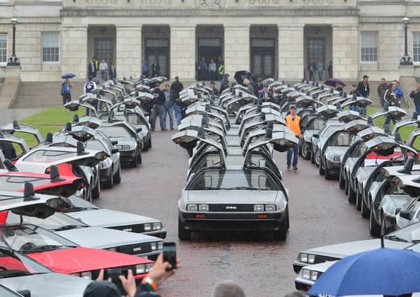 The iconic gullwing DeLoreans lined up outside Parliament Buildings at Stormont
