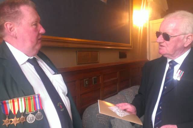 Alan Hill from Belfast (ex UDR) and David Forsyth from Newtownards (ex Royal Artillery) at McKee Barracks in Dublin after the Grangegorman military cemetery event. Pic by Ben Lowry