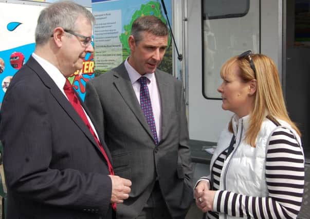 Farm Minister Michelle McIlveen chats to Agri-Food Strategy Board chairman Tony ONeill (left) and board member Ian Marshall at Ballymena Show