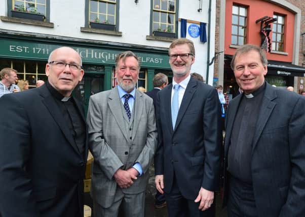 On the 220th anniversary of James Holmes' appointment, a blue plaque was unveiled in his honor, just a few yards from where he had his offices. Pictured at the unveiling Fr Michael Sheehan, Chris Spurr, Chairman of the Ulster History Circle, Daniel Lawton US Consul General in Northern Ireland and Dean John Mann.
Picture By: Arthur Allison: Pacemaker.
