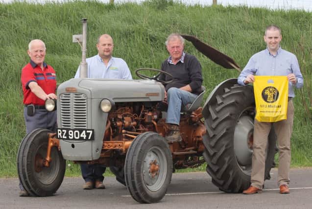 Launching the 2016 Loanends vintage tractor road run are organiser Robert Wallace, with sponsors Darren and John McKinstry, McKinstry Skip Hire; and David McClure, NFU Mutural Crumlin.