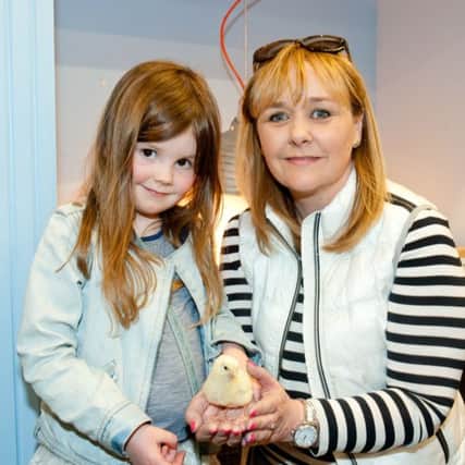 Agriculture Minister Michelle McIlveen and Cassie Kernohan with some young chicks at the Ballymena Show