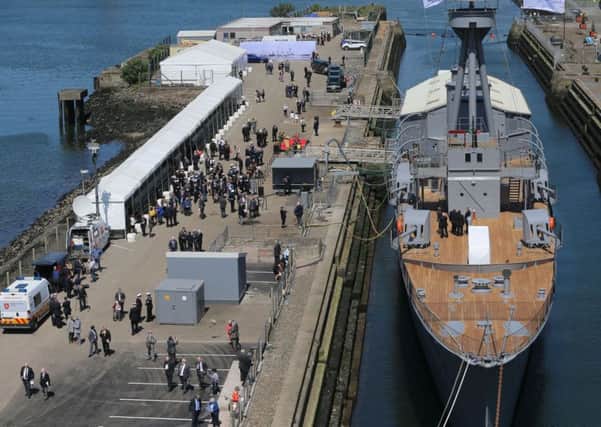 An aerial view of the Lottery funded restored HMS Caroline where a ceremony was held to commemorate the  Battle of Jutland centenary at Alexander Dock in Belfast