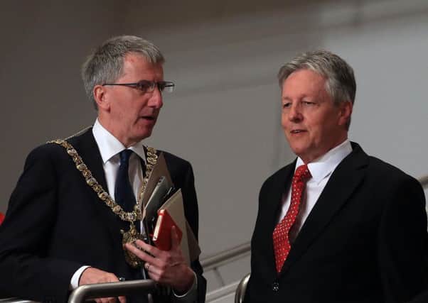 The then Lord Mayor Belfast Mairtin O Muilleoir pictured with First Minister Peter Robinson in 2013. Photo: William Cherry/Presseye/PA Wire