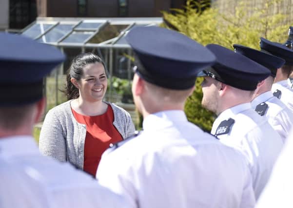 Justice Minister Claire Sugden chats to new Northern Ireland Prison Service recruits at Hydebank Wood College