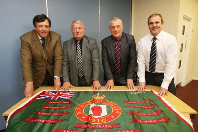 Loyalist Communities Council member David Campbell (left) at the launch of the flag with Jim Wilson, Jackie McDonald and Winston Irvine