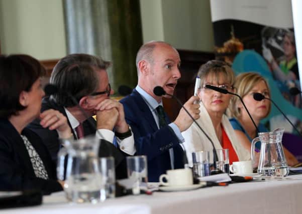 From left, Diane Dodds MEP, Lord Mandelson, Dan Hannan (speaking), Martina Anderson MEP and Dr Thia Hennessy at the Belfast Harbour Commissioners.  Photo: Â©Matt Mackey / Press Eye