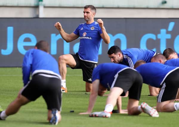 Aaron Hughes trains with his Northern Ireland team-mates ahead of Saturday's game with Slovakia