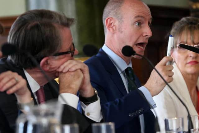 Daniel Hannan (speaking) and, left, Lord Mandelson
Photo: Matt Mackey / Press Eye