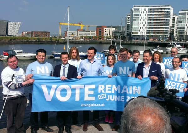 Chancellor George Osborne meets with local Remain campaigners at Belfast Harbour on Sunday ahead of the June 23 referendum