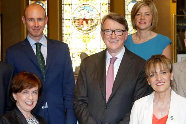 At Fridays Manufacturing NI event: From left, Diane Dodds MEP, Dan Hannan MEP, Lord Mandelson, Thia Hennessy, Martina Anderson MEP, Dennis Kennedy. Â©Matt Mackey / Press Eye