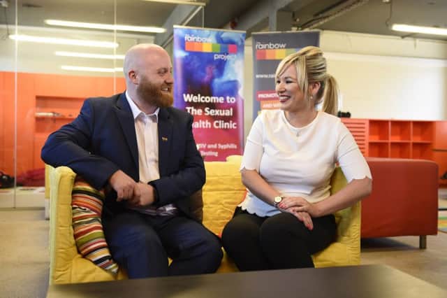 Health Minister Michelle O'Neill pictured with John O'Doherty, Director of gay group the Rainbow Project after the Minister announced lifting the lifetime ban on blood donation by men who have had sex with other men.