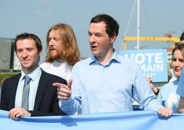Pictured is chancellor George Osborne at the Belfast Harbour as he meets with local campaigners