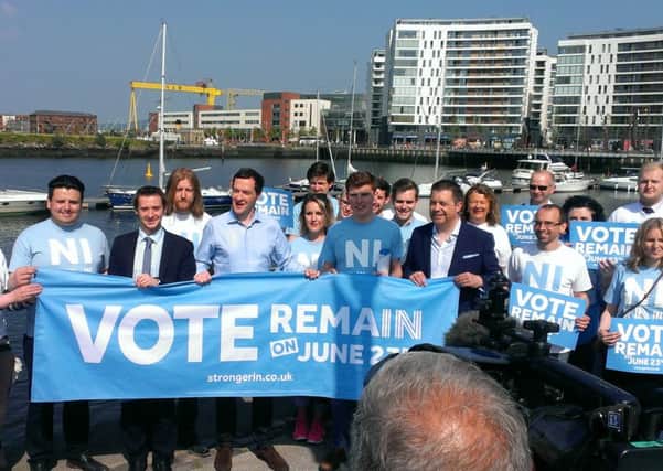 George Osborne with EU Remain campaigners at the Odyssey Arena in Belfast, June 5, 2016