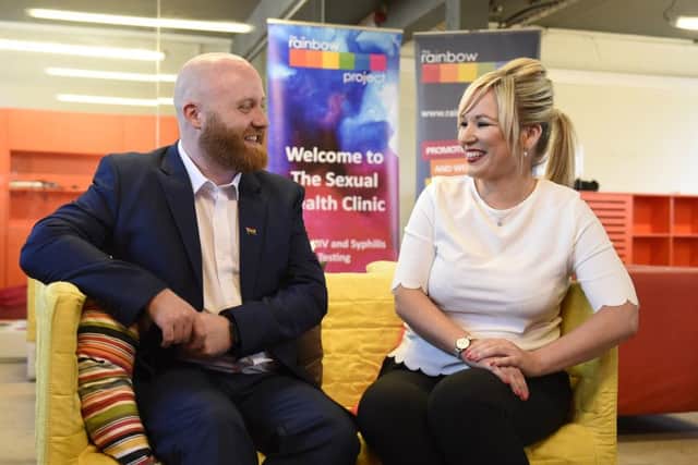 Health Minister Michelle O'Neill pictured with John O'Doherty of gay group The Rainbow Project, after the minister announced lifting the lifetime ban on blood donation by men who have had sex with other men