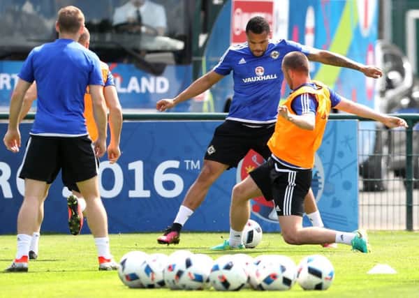 Northern Ireland's Josh Magennis and Luke McCullough pictured during their first training session in St Georges de Reneins, France