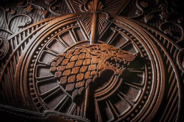 The intricately carved door which depicts scenes from episode seven of series six  a feature of Tourism Irelands Game of Thrones   which will hang in Gracehill House