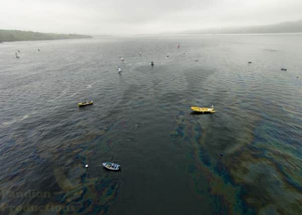 An aerial shot showing the extent of the diesel spillage off the Larne coastline on Saturday.