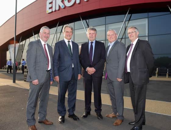 UFU deputy president Victor Chestnutt, Owen Paterson, UFU president Barclay Bell, John McCallister and UFU deputy president Ivor Ferguson on their way into the Ulster Farmers' Union Brexit debate at Balmoral Park. Picture: Cliff Donaldson