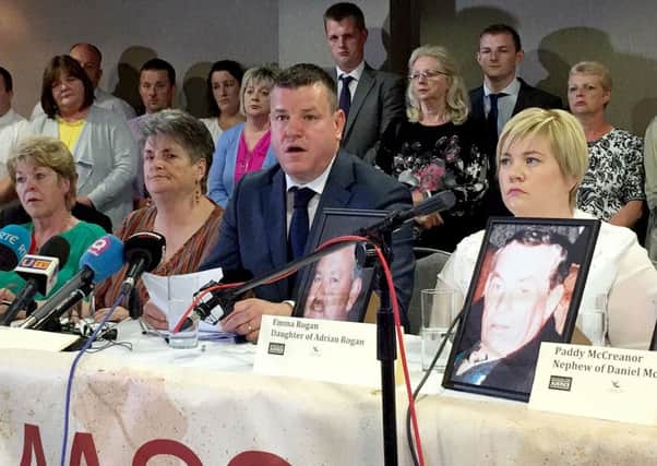 The families' lawyer Niall Murphy speaks at the Loughinisland families press conference in Ramada Hotel Belfast, following an investigation which found, security forces were guilty of significant collusion in the loyalist murders of six Catholic men gunned down while watching a World Cup football match