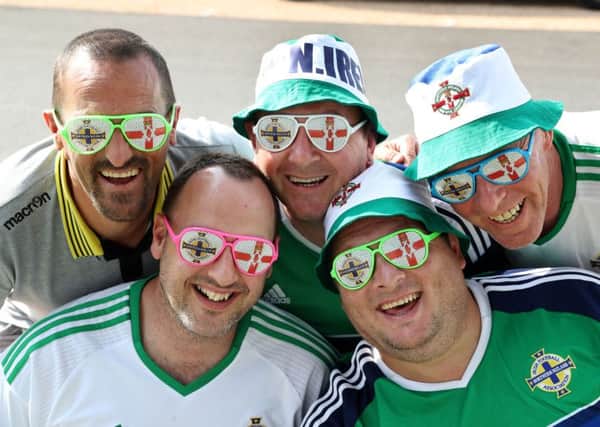 Northern Ireland fans Eddie McCullough, George McFall, Ian Thompson, Darren McDonald and Russell Bridgett pictured in Georges de Reneins, France
