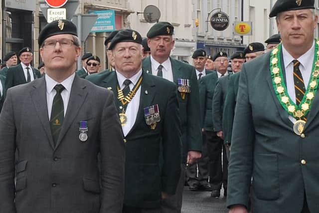Lagan Valley MP Jeffrey Donaldson, who used to be in the UDR, taking part in a parade.