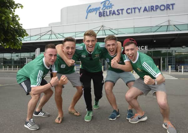 Northern Ireland fans Ryan Gourley, Michael Ferguson, Luke Russel, Christopher McCabe and Connor McCluskey get psyched up ahead of their flight to France for Euro 2016                                                                                                                                                                                                                                                                                                                           Picture: Mark Marlow/Pacemaker