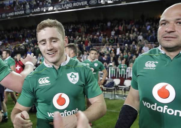 Paddy Jackson and Rory Best celebrate the win over South Africa