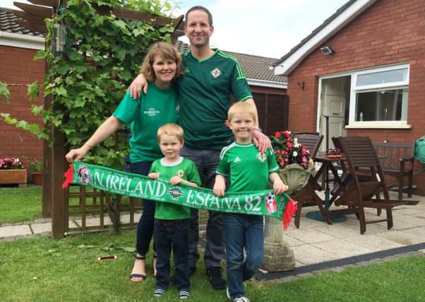 Undated family handout photo of Ryan Harkness with his wife Becki and their children Rory (left), aged four and Alex, aged seven, as the Northern Ireland fan hooked by the brilliance of Norman Whiteside 30 years ago is flying from Georgia in the US for the Euros