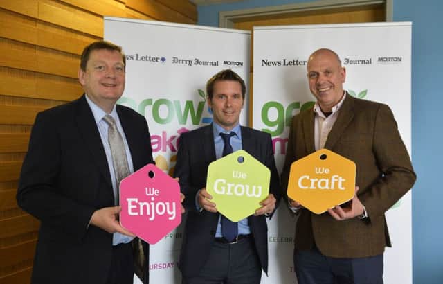 Invest NI director John Hood, right, at the GMED launch with NIFDA executive director Michael Bell, left, and News Letter editor Alistair Bushe