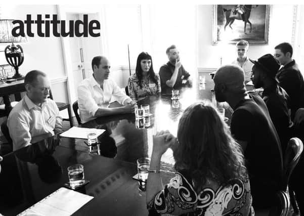 Handout photo issued by Attitude of (from the left) Matthew Todd, the Duke of Cambridge, Paris Lees, Matt May, Charles Donovan, Melissa Whitehouse, Damilola Adejonwo, Junior Joye, Helen Walsh during a meeting to discuss the mental health ramifications of homo, bi and trans phobic bullying, as the Duke is to feature in the UK's leading gay magazine, Attitude