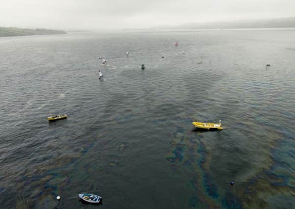 An aerial shot showing the extent of the diesel spillage off the Larne coastline on Saturday