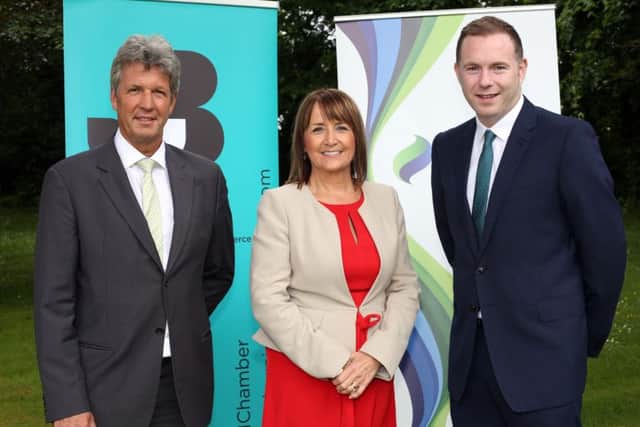 Caption:
Mark Ennis (Chairman of SSE Ireland), Ann McGregor (Chief Executive of NI Chamber) and Chris Hazzard (Infrastructure Minister)
