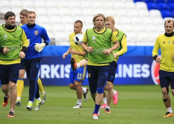 Ukraine players during a training session at the Parc Olympique Lyonnais