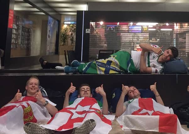 (Left to right) Paul Leslie, Jonnie Gregg, Jamie Dill (top), Simon Sharkey. They have made it to Lyon in time for the Northern Ireland game after a near 24-hour odyssey and a cancelled flight