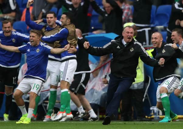 Northern Ireland manager Michael O'Neill (second right) victory over Ukraine.