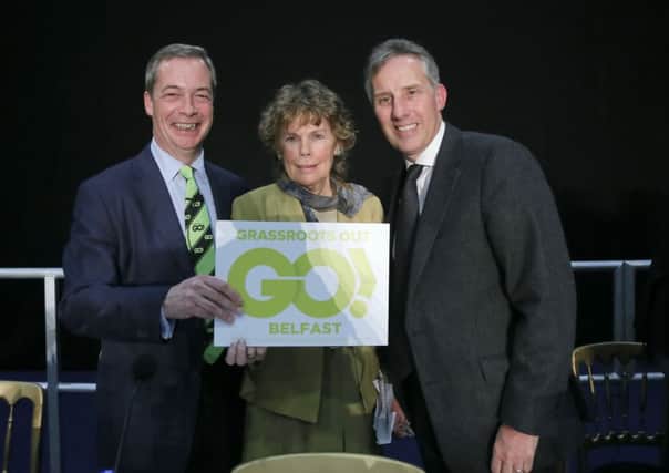 Kate Hoey with Nigel Farage and Ian Paisley Junior at a Grassroots Out rally earlier this year in Belfast ( Photo by Kevin Scott / Presseye)
