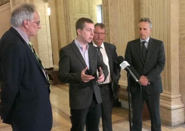 From left Peter Bone MP, Tom Pursglove MP, Sammy Wilson MP and Ian Paisley Junior MP in the Great Hall at Stormont for a pro Brexit press conference