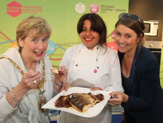 Mayor Maura Hickey with Romy Gill and Sara Travers pictured at the Salmon and Whiskey Festival which took place on the North Coast at the weekend. The 2 two day festival celebrated food and drink producers from Northern Ireland .